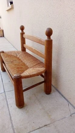 Vintage Wood And Straw Perriand Style Bench From The 50s