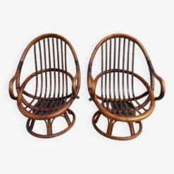 Pair Of Round Armchairs, Shell, Rattan, Wicker, Bamboo Wood