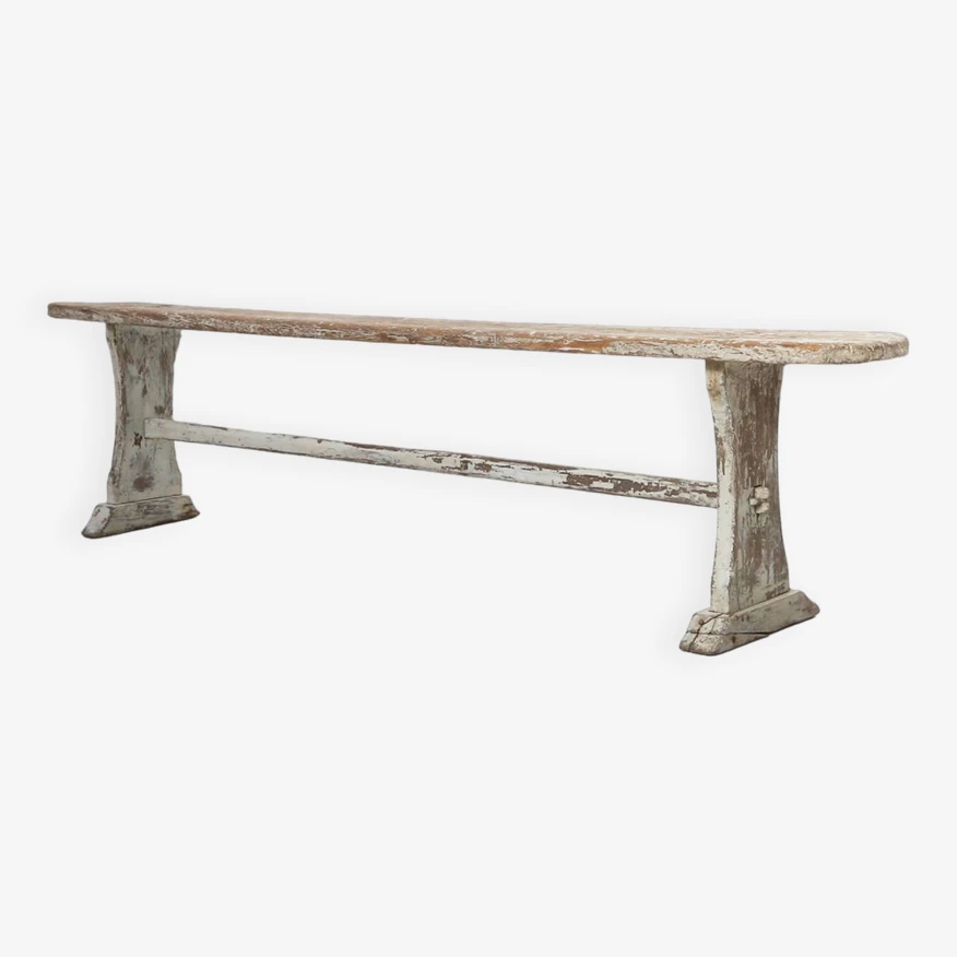 Beautifully Crafted Industrial Bench With A Wooden Top And White Paint, France Ca. 1900 3 Beautifully Crafted Industrial Bench With A Wooden Top And White Paint, France Ca. 1900