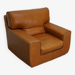 Roche Bobois Club Chair In Tan / Cognac Neck Leather – France, Circa 1980