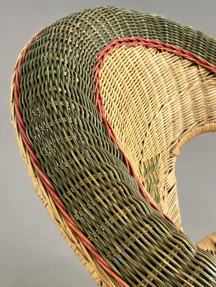 Cabriolet Style Armchair In Rattan, Wicker And Green And Red Edging 7 Cabriolet Style Armchair In Rattan, Wicker And Green And Red Edging - Image 5