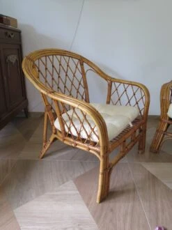 Vintage - Set Of 2 Bamboo And Woven Rattan Armchairs With Cushions - Natural Color - 1980s -Chairly Shop 24f05649 87e7 42a2 a127 d1ea10ff167f