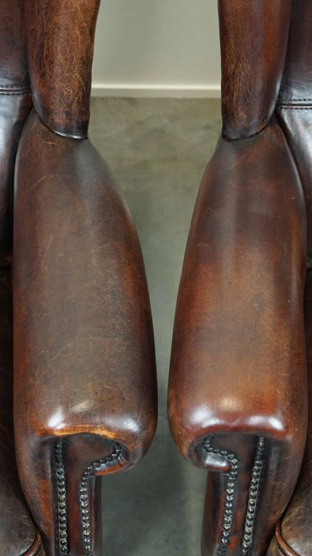 Set Of Two In Very Good Condition Dark Sheepskin Leather Wingback Armchairs 5 Set Of Two In Very Good Condition Dark Sheepskin Leather Wingback Armchairs - Image 3