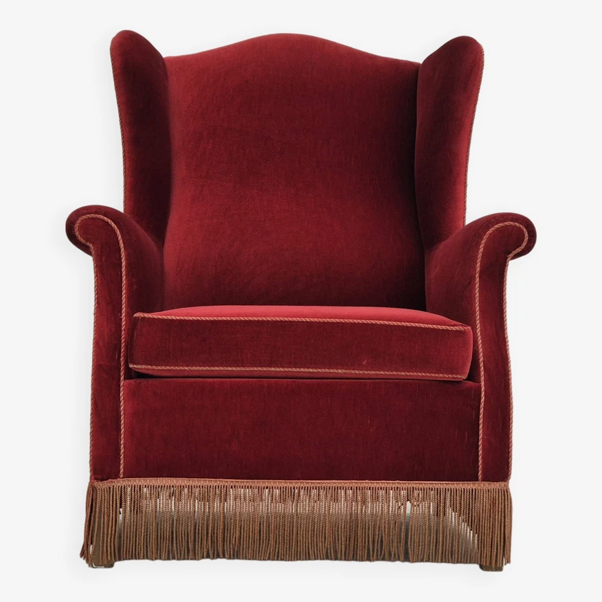 1970s, Danish Highback Wingback Armchair, Original Condition, Furniture Velour, Ash Wood. 8 1970s, Danish Highback Wingback Armchair, Original Condition, Furniture Velour, Ash Wood. - Image 6