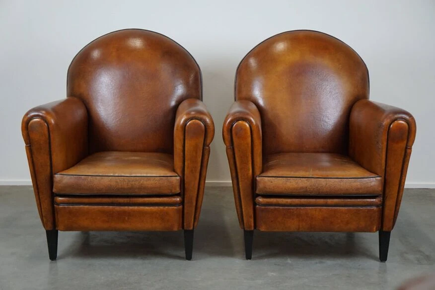 Set Of Two Sheep Leather Art Deco Style Design Armchairs With A Beautiful Patina 8 Set Of Two Sheep Leather Art Deco Style Design Armchairs With A Beautiful Patina - Image 6