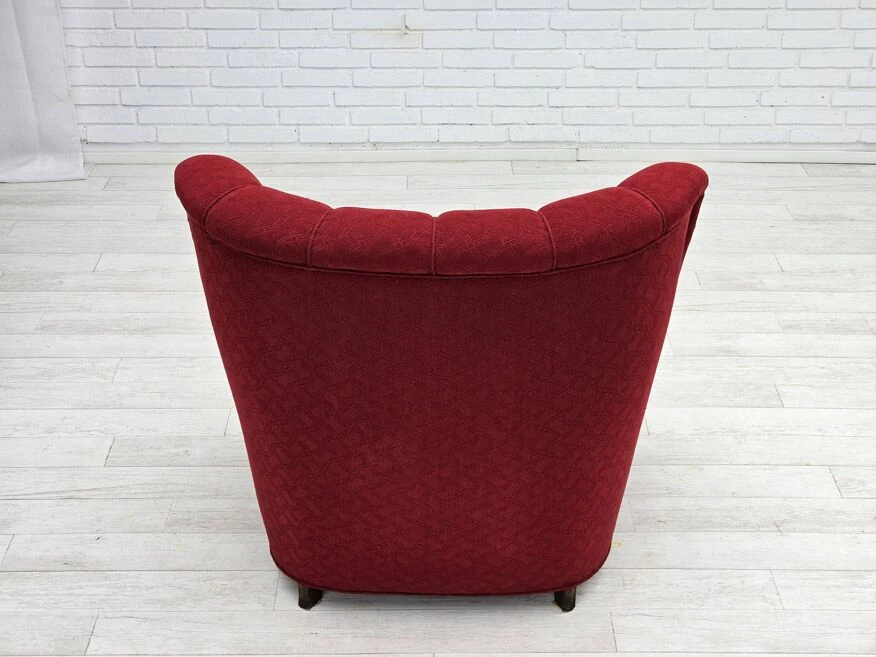 1960s, Danish Relax Armchair, Original Condition, Red Cotton/wool, Oak Wood. 3 1960s, Danish Relax Armchair, Original Condition, Red Cotton/wool, Oak Wood.