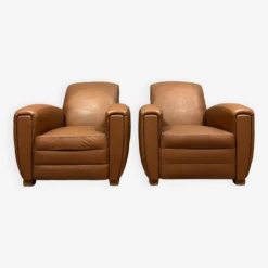 Pair Of Club Armchairs In Havana Skai Art Deco Period Circa 1940