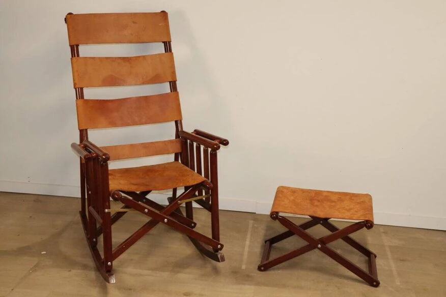 Vintage American Folding Leather And Wood Rocking Chair, 1970s 5 Vintage American Folding Leather And Wood Rocking Chair, 1970s - Image 3