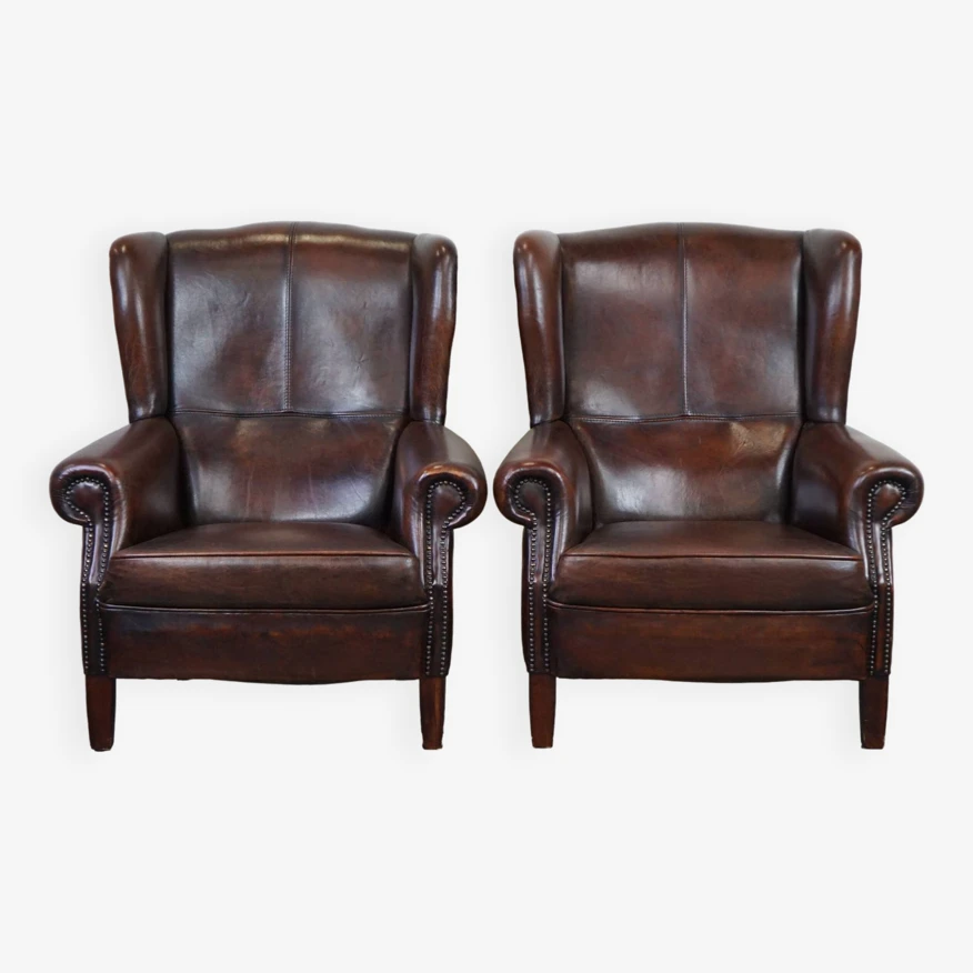Set Of Two In Very Good Condition Dark Sheepskin Leather Wingback Armchairs 12 Set Of Two In Very Good Condition Dark Sheepskin Leather Wingback Armchairs - Image 10
