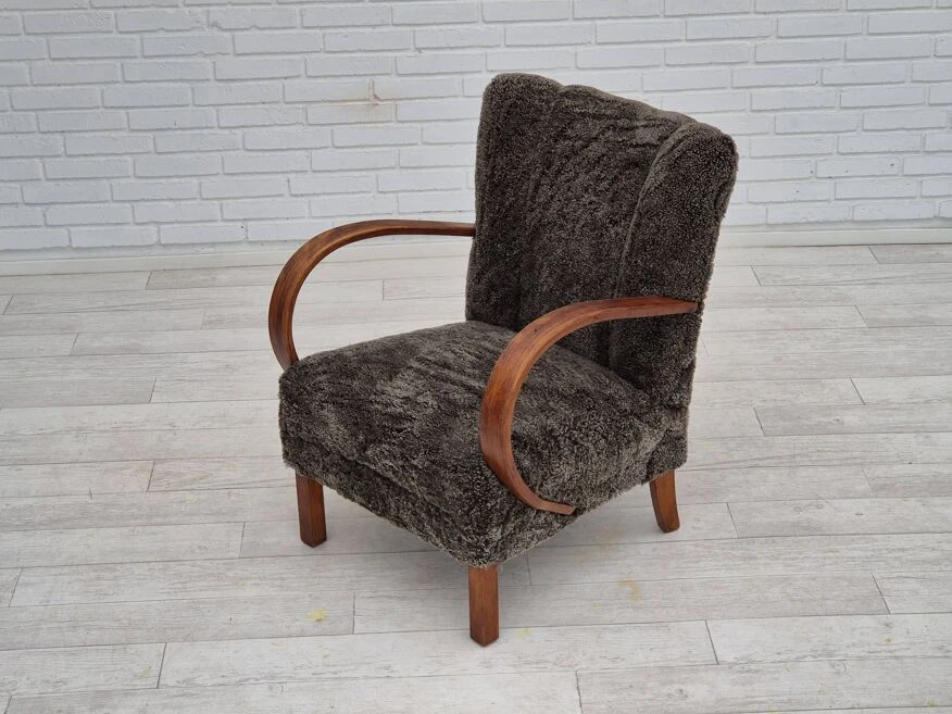 1950s, Danish Design, Reupholstered Armchair, Genuine Sheepskin "Wellington". 7 1950s, Danish Design, Reupholstered Armchair, Genuine Sheepskin "Wellington". - Image 5