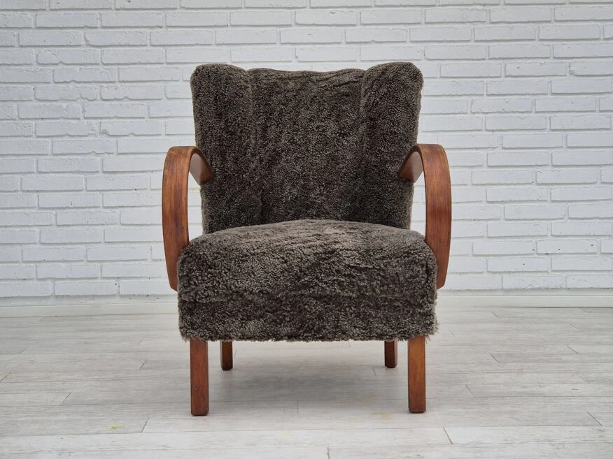 1950s, Danish Design, Reupholstered Armchair, Genuine Sheepskin "Wellington". 6 1950s, Danish Design, Reupholstered Armchair, Genuine Sheepskin "Wellington". - Image 4