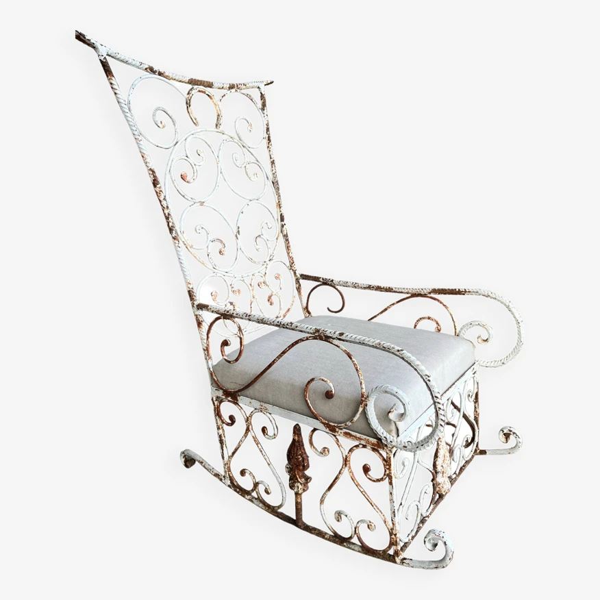 Old Wrought Iron Rocking Garden Armchair Early 20th Century 7 Old Wrought Iron Rocking Garden Armchair Early 20th Century - Image 5