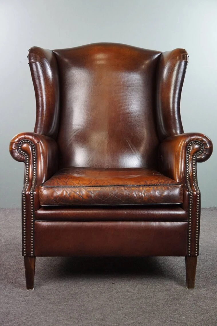 Luxurious Large Sheep Leather Wingback Armchair With Beautiful Colors And Amazing Patina 10 Luxurious Large Sheep Leather Wingback Armchair With Beautiful Colors And Amazing Patina - Image 8