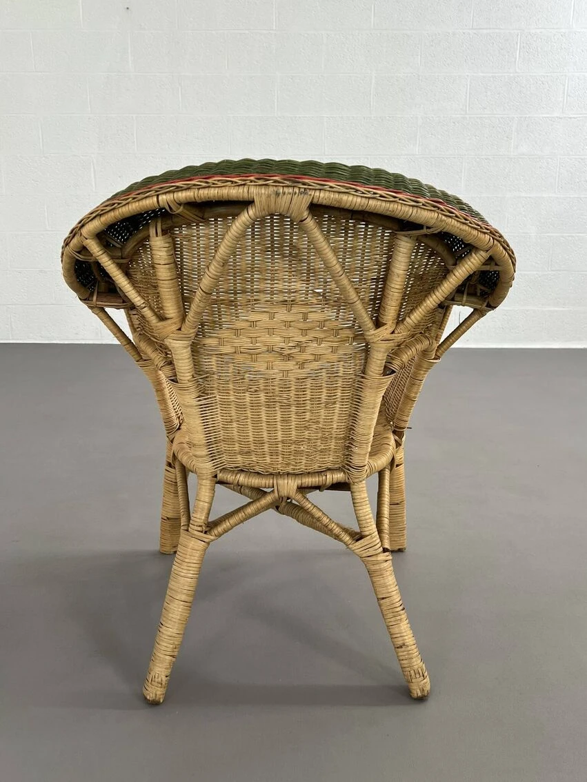 Cabriolet Style Armchair In Rattan, Wicker And Green And Red Edging 8 Cabriolet Style Armchair In Rattan, Wicker And Green And Red Edging - Image 6