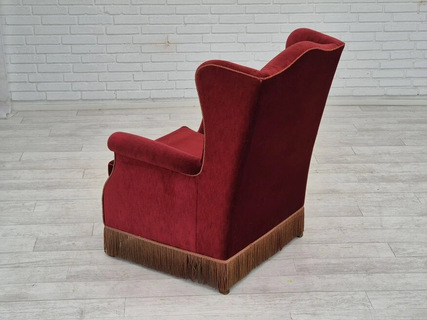 1970s, Danish Highback Wingback Armchair, Original Condition, Furniture Velour, Ash Wood. 7 1970s, Danish Highback Wingback Armchair, Original Condition, Furniture Velour, Ash Wood. - Image 5