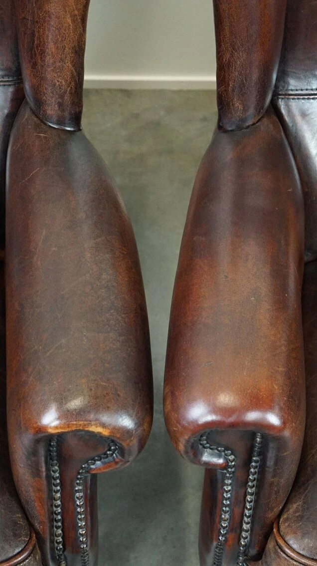 Set Of Two In Very Good Condition Dark Sheepskin Leather Wingback Armchairs 6 Set Of Two In Very Good Condition Dark Sheepskin Leather Wingback Armchairs - Image 4