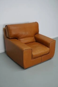 Roche Bobois Club Chair In Tan / Cognac Neck Leather – France, Circa 1980 -Chairly Shop 7ed36b0f 9009 445e 8edb 49a271ef7c18