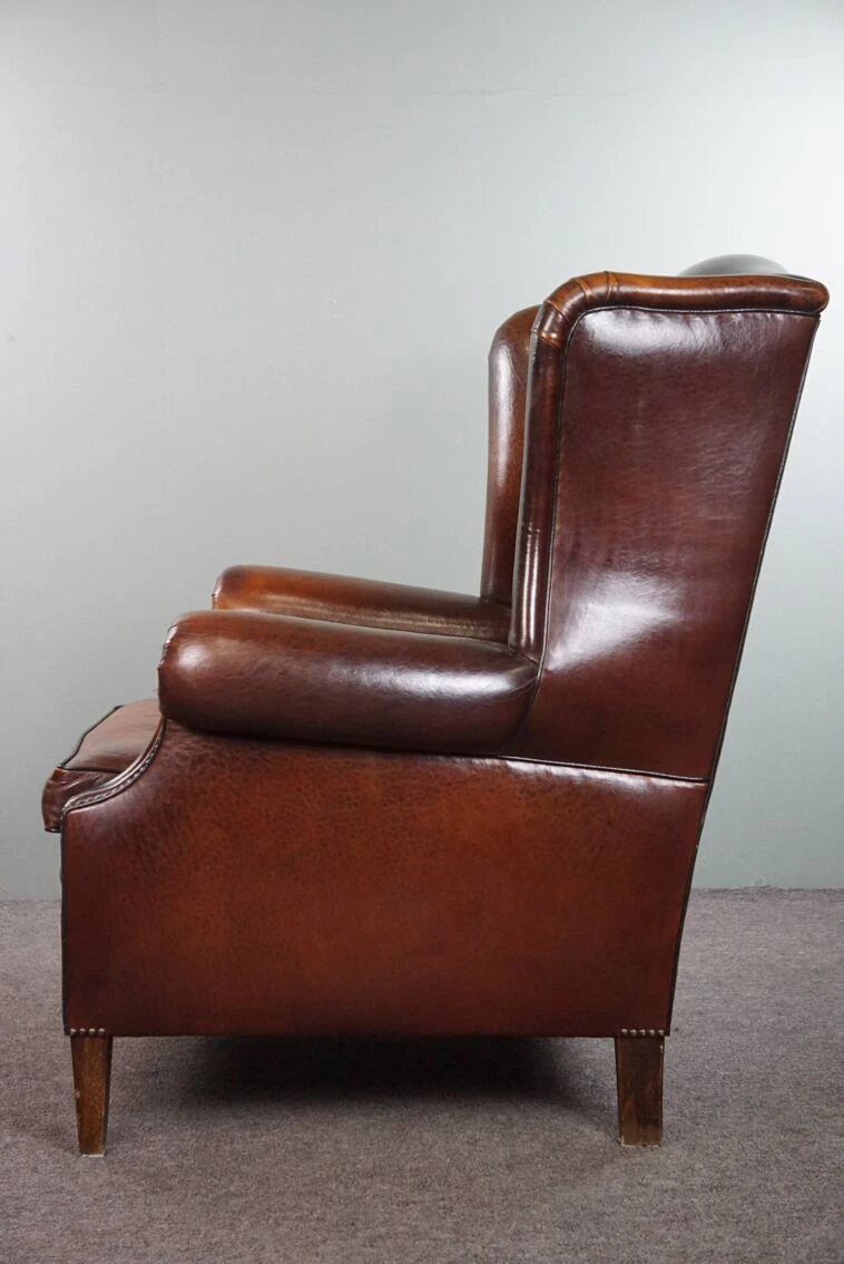 Luxurious Large Sheep Leather Wingback Armchair With Beautiful Colors And Amazing Patina 8 Luxurious Large Sheep Leather Wingback Armchair With Beautiful Colors And Amazing Patina - Image 6