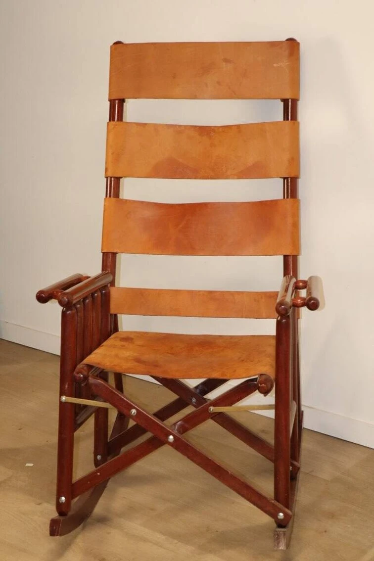 Vintage American Folding Leather And Wood Rocking Chair, 1970s 18 Vintage American Folding Leather And Wood Rocking Chair, 1970s - Image 16