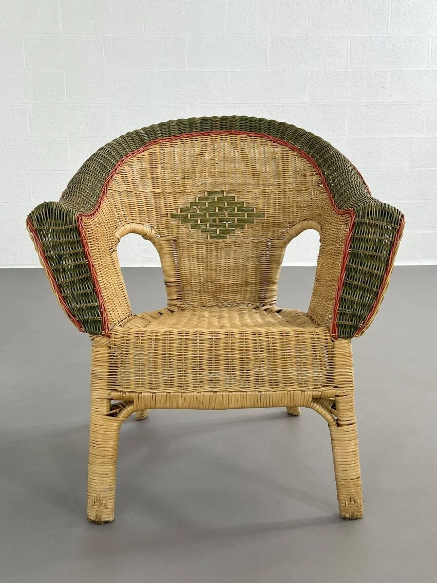 Cabriolet Style Armchair In Rattan, Wicker And Green And Red Edging 4 Cabriolet Style Armchair In Rattan, Wicker And Green And Red Edging - Image 2
