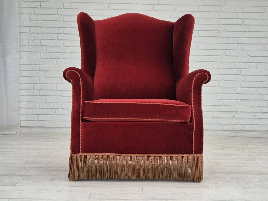 1970s, Danish Highback Wingback Armchair, Original Condition, Furniture Velour, Ash Wood. 15 1970s, Danish Highback Wingback Armchair, Original Condition, Furniture Velour, Ash Wood. - Image 13