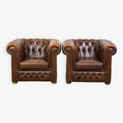 Beautiful Set Of 2 Very Well-maintained Brown Leather Chesterfield Armchairs -Chairly Shop 8ed9c30c 1dc3 47e7 a683 658d27fd6d3f