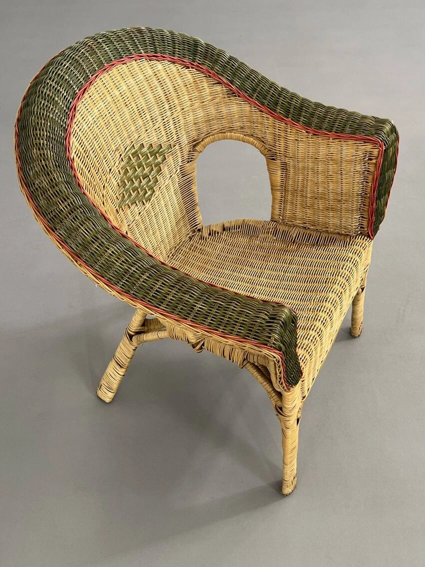 Cabriolet Style Armchair In Rattan, Wicker And Green And Red Edging 3 Cabriolet Style Armchair In Rattan, Wicker And Green And Red Edging