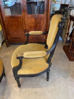 Pair Of Louis Xvi Style Bergeres Armchairs Late 19th Century Ocher Velvet Fabric