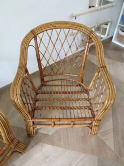 Vintage - Set Of 2 Bamboo And Woven Rattan Armchairs With Cushions - Natural Color - 1980s -Chairly Shop 98d3b79f 310d 4fcc 8575 a45100d041b6