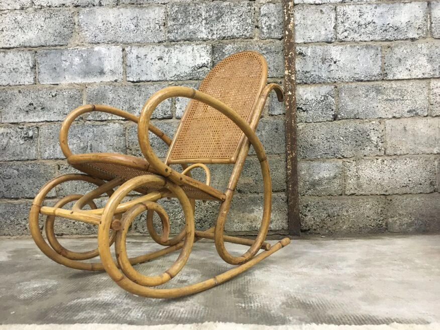 Rocking-chair In Bamboo Rattan And Vintage Wicker 1950 3 Rocking-chair In Bamboo Rattan And Vintage Wicker 1950
