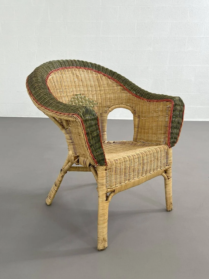 Cabriolet Style Armchair In Rattan, Wicker And Green And Red Edging 10 Cabriolet Style Armchair In Rattan, Wicker And Green And Red Edging - Image 8