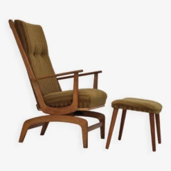 1960s, Danish Design, Oak Wood Rocking Chair With Footstool, Furniture Wool, Original Condition.