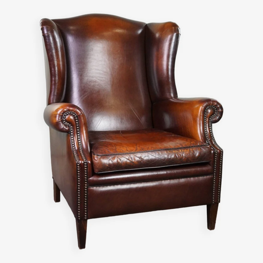 Luxurious Large Sheep Leather Wingback Armchair With Beautiful Colors And Amazing Patina 13 Luxurious Large Sheep Leather Wingback Armchair With Beautiful Colors And Amazing Patina - Image 11