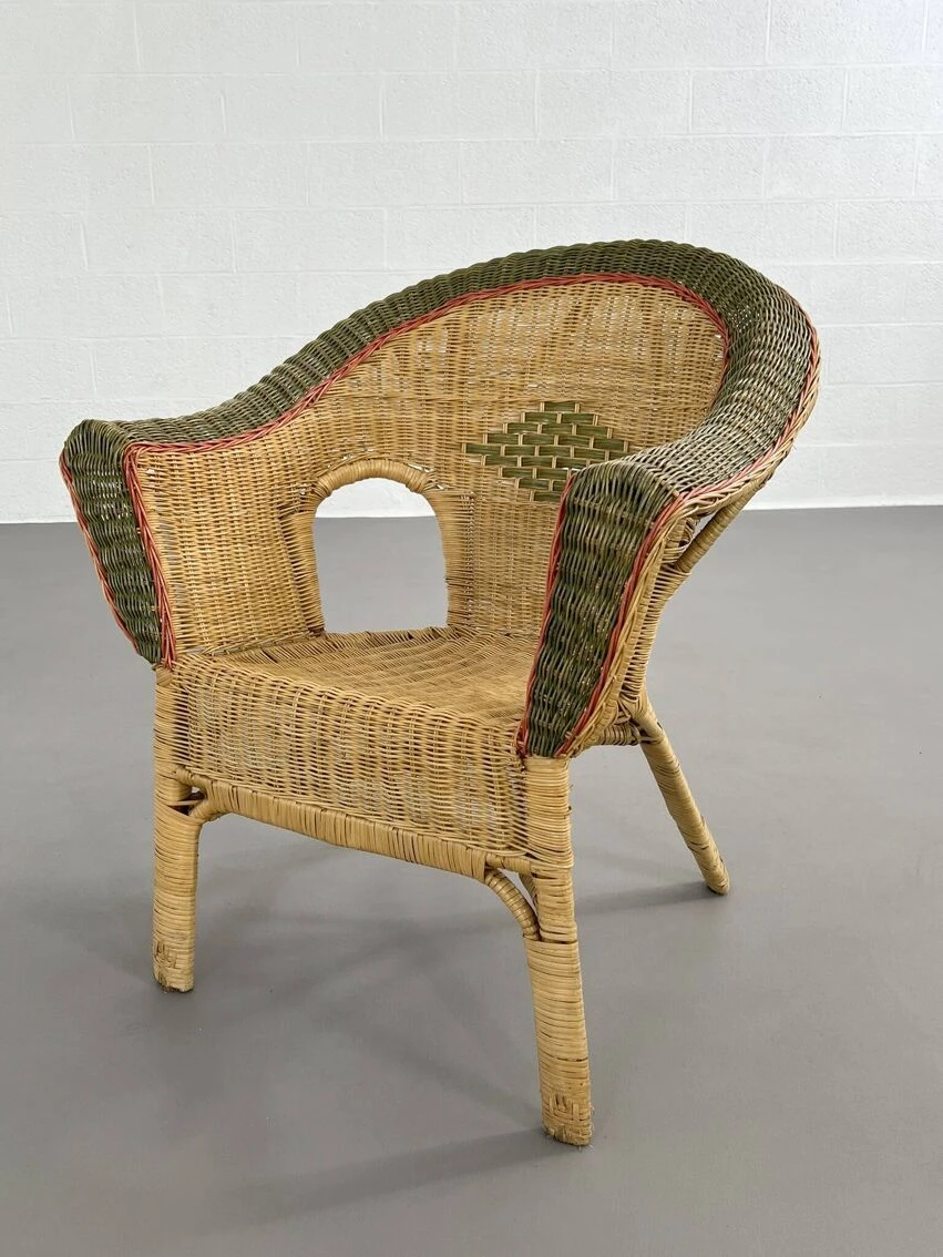 Cabriolet Style Armchair In Rattan, Wicker And Green And Red Edging 9 Cabriolet Style Armchair In Rattan, Wicker And Green And Red Edging - Image 7