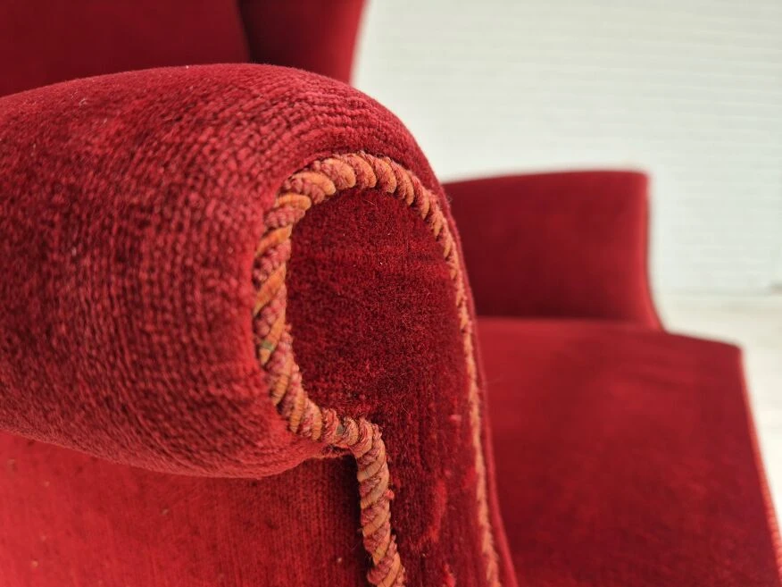 1970s, Danish Highback Wingback Armchair, Original Condition, Furniture Velour, Ash Wood. 6 1970s, Danish Highback Wingback Armchair, Original Condition, Furniture Velour, Ash Wood. - Image 4