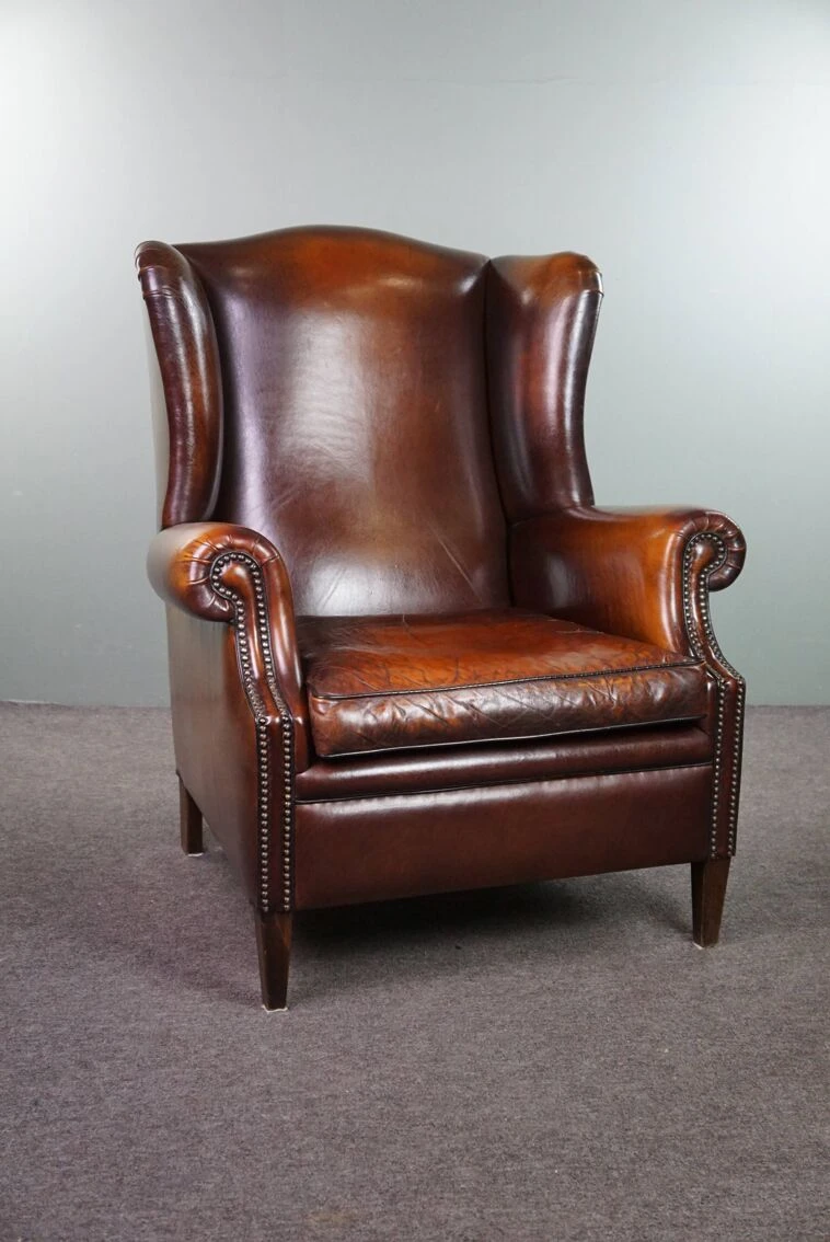 Luxurious Large Sheep Leather Wingback Armchair With Beautiful Colors And Amazing Patina 6 Luxurious Large Sheep Leather Wingback Armchair With Beautiful Colors And Amazing Patina - Image 4