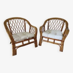 Vintage - Set Of 2 Bamboo And Woven Rattan Armchairs With Cushions - Natural Color - 1980s -Chairly Shop dcb17ee1 84fa 47a8 a623 9711aabced70