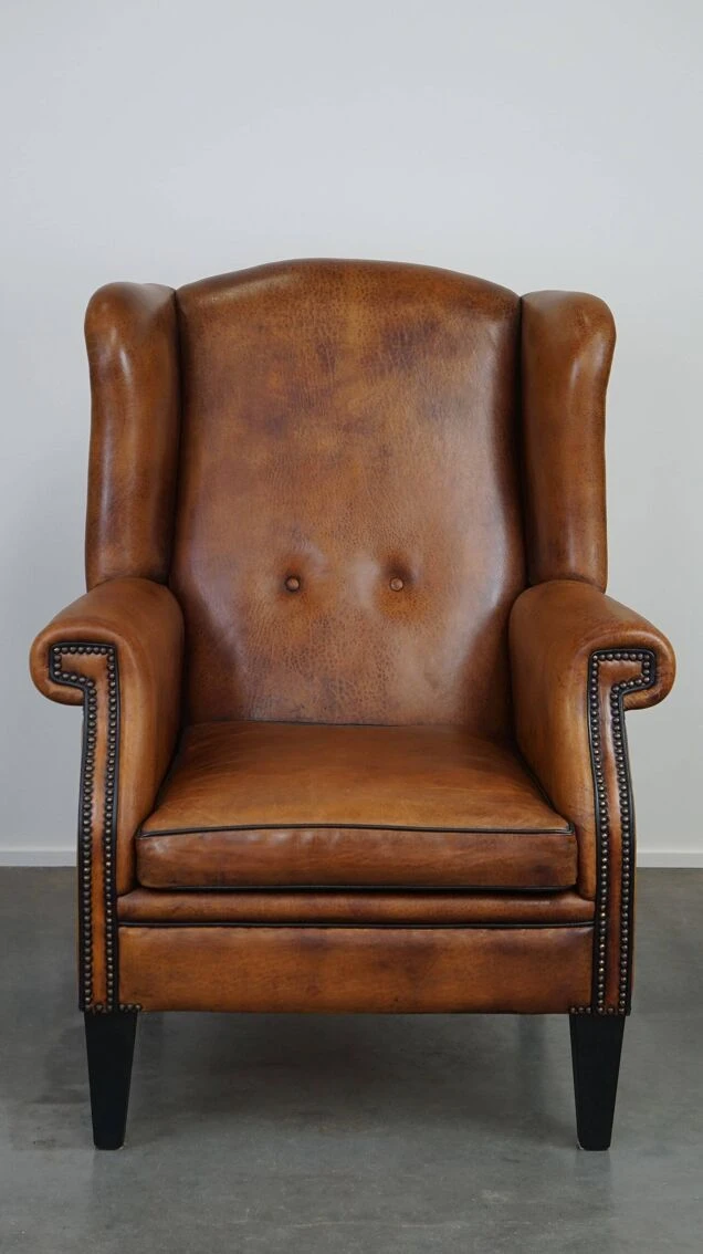 Large Sheepskin Leather Wingback Armchair In Good Condition, English Style 3 Large Sheepskin Leather Wingback Armchair In Good Condition, English Style