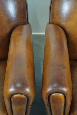 Set Of Two Sheep Leather Art Deco Style Design Armchairs With A Beautiful Patina