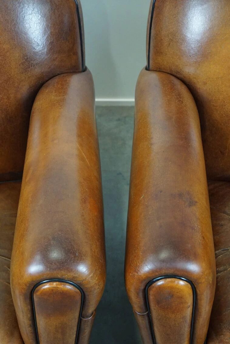 Set Of Two Sheep Leather Art Deco Style Design Armchairs With A Beautiful Patina 3 Set Of Two Sheep Leather Art Deco Style Design Armchairs With A Beautiful Patina