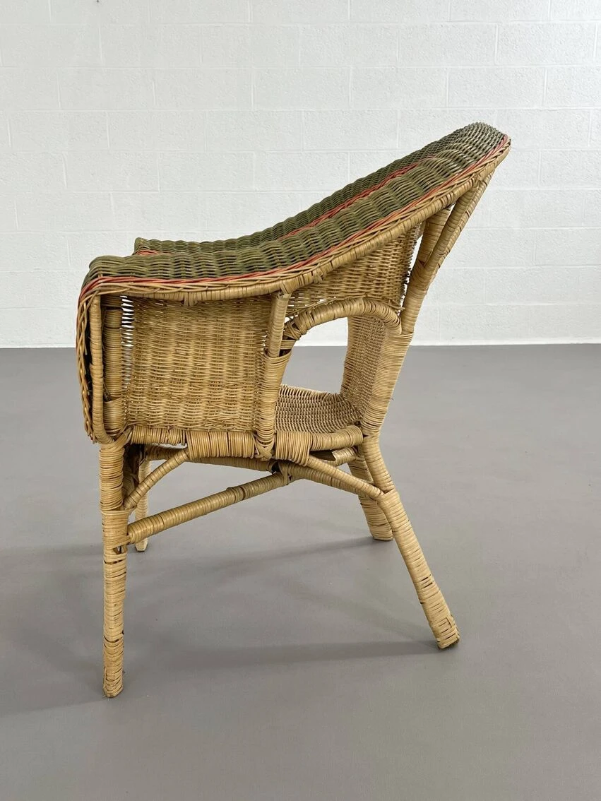 Cabriolet Style Armchair In Rattan, Wicker And Green And Red Edging 6 Cabriolet Style Armchair In Rattan, Wicker And Green And Red Edging - Image 4